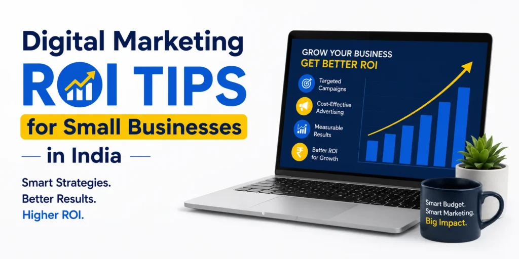 Small business owner analyzing digital marketing ROI with analytics dashboard, SEO, social media, and lead generation metrics